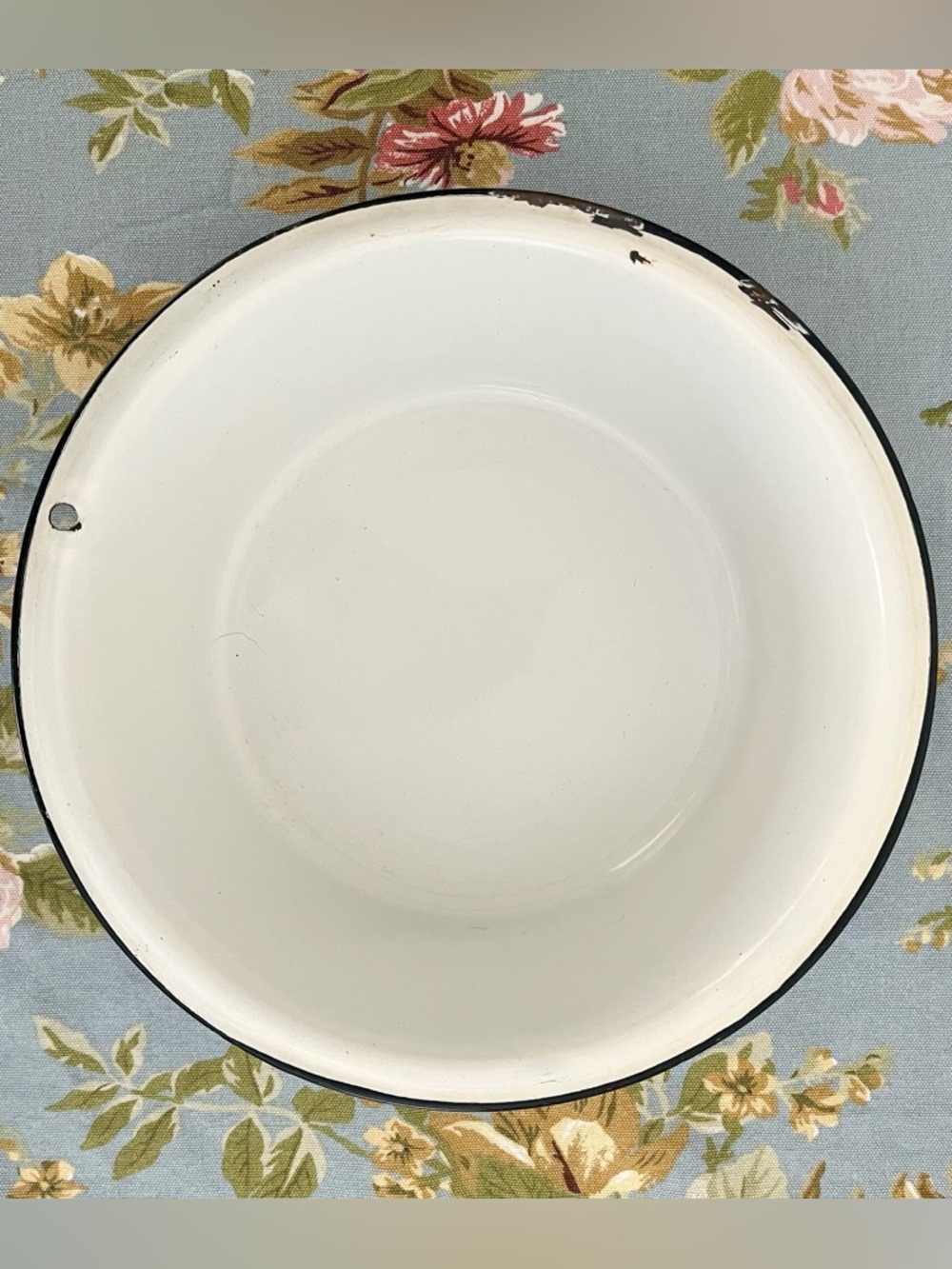 Vintage White Enamel 10” Serving Bowl with Black Rim